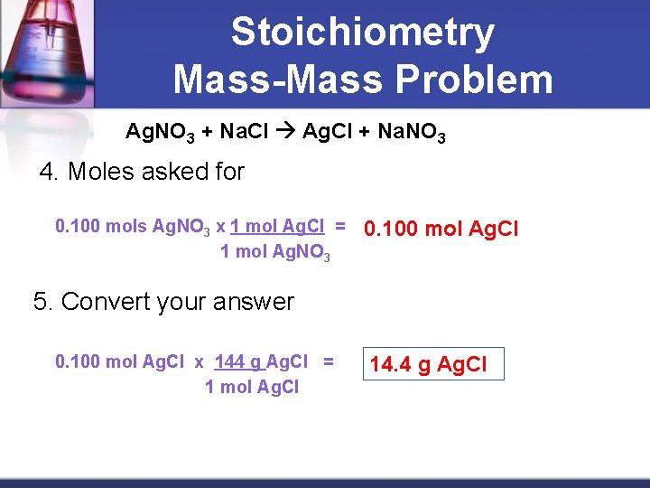 Stoichiometry Mass-Mass Problem Ag. NO 3 + Na. Cl Ag. Cl + Na. NO
