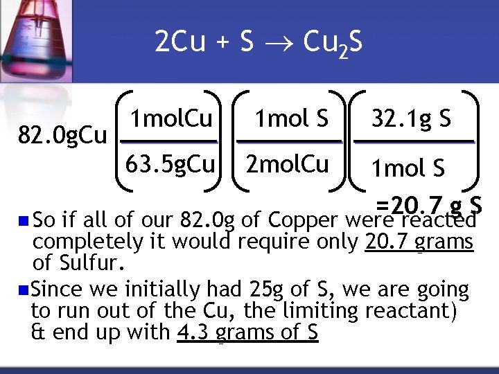 2 Cu + S Cu 2 S 82. 0 g. Cu n So 1