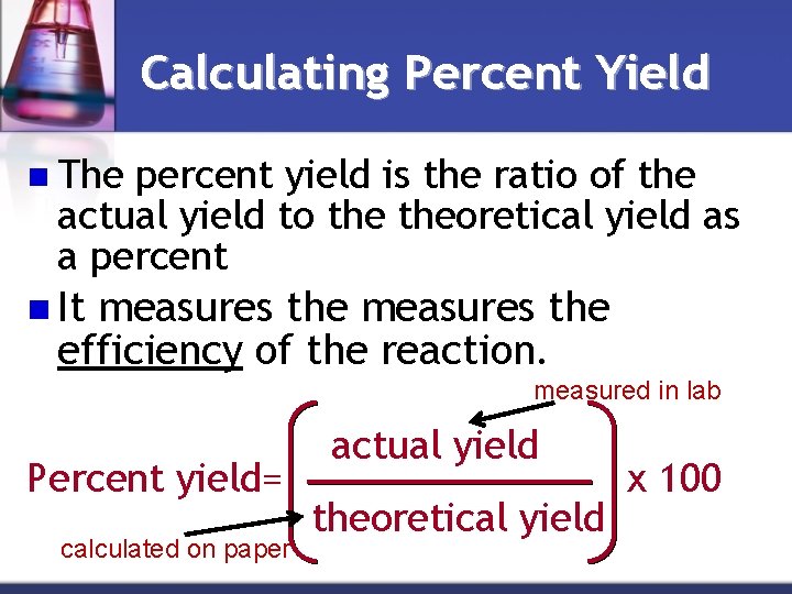 Calculating Percent Yield n The percent yield is the ratio of the actual yield