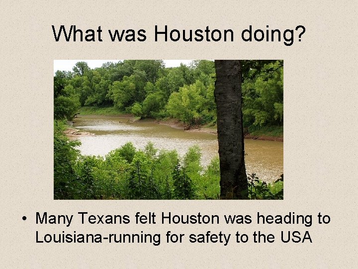 What was Houston doing? • Many Texans felt Houston was heading to Louisiana-running for