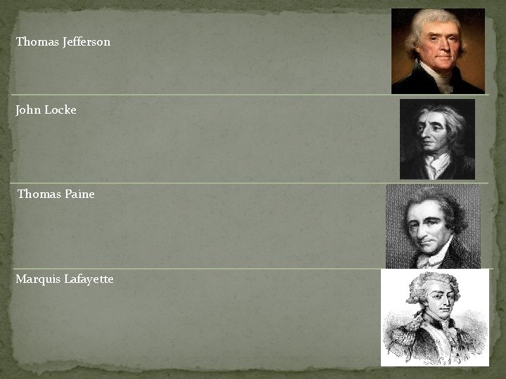 Thomas Jefferson John Locke Thomas Paine Marquis Lafayette 