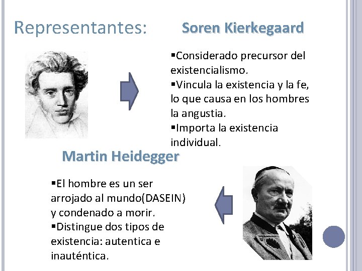 Representantes: Soren Kierkegaard §Considerado precursor del existencialismo. §Vincula la existencia y la fe, lo