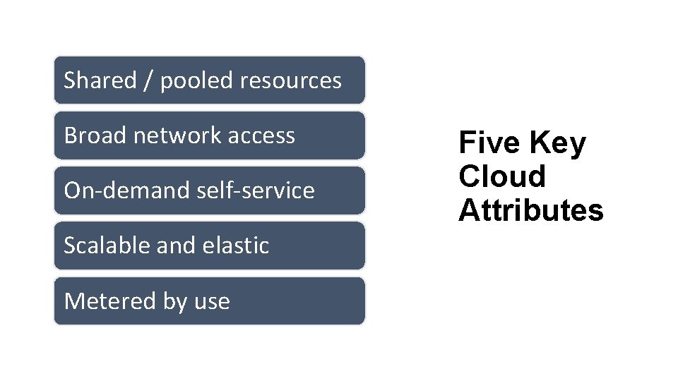 Shared / pooled resources Broad network access On-demand self-service Scalable and elastic Metered by