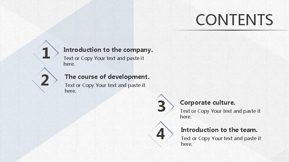 CONTENTS 1 Introduction to the company. 2 The course of development. Text or Copy