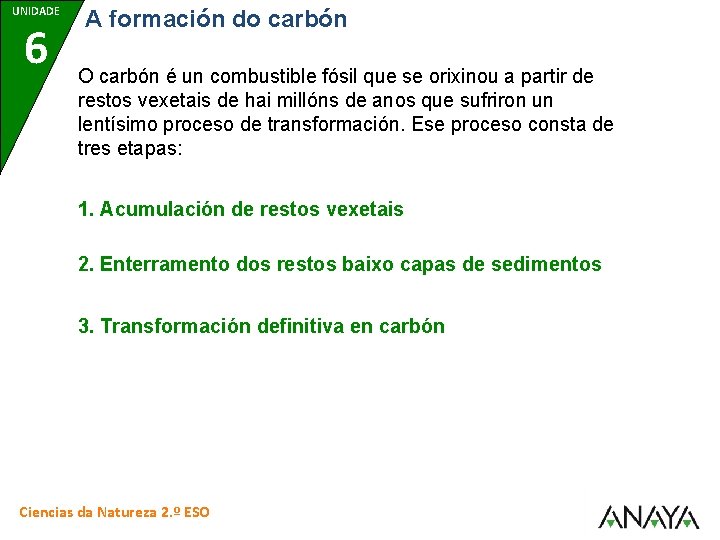 UNIDADE 6 A formación do carbón O carbón é un combustible fósil que se