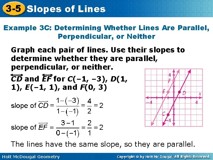 3 -5 Slopes of Lines Example 3 C: Determining Whether Lines Are Parallel, Perpendicular,