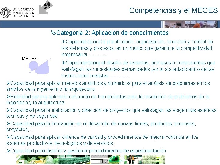 Competencias y el MECES ÄCategoría 2: Aplicación de conocimientos MECES ØCapacidad para la planificación,