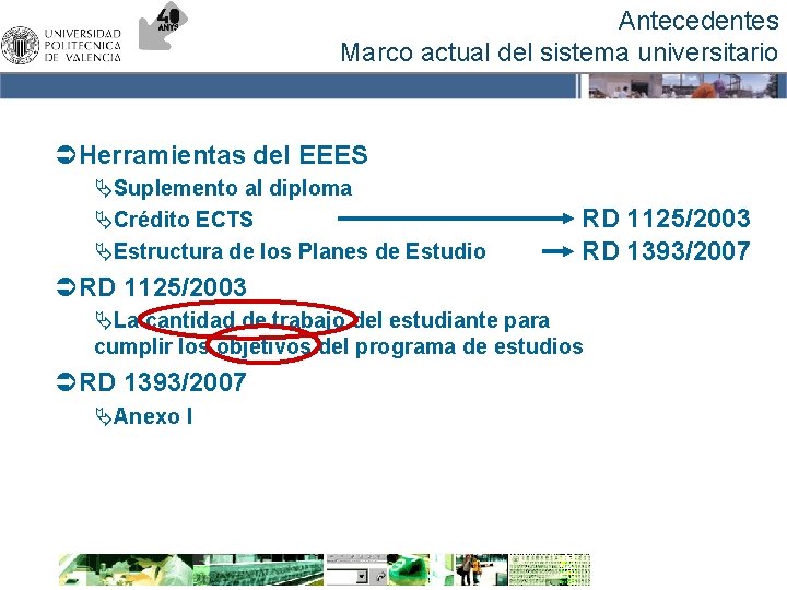 Antecedentes Marco actual del sistema universitario ÜHerramientas del EEES ÄSuplemento al diploma ÄCrédito ECTS