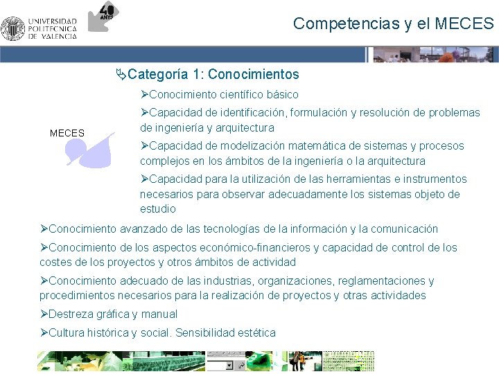 Competencias y el MECES ÄCategoría 1: Conocimientos ØConocimiento científico básico MECES ØCapacidad de identificación,