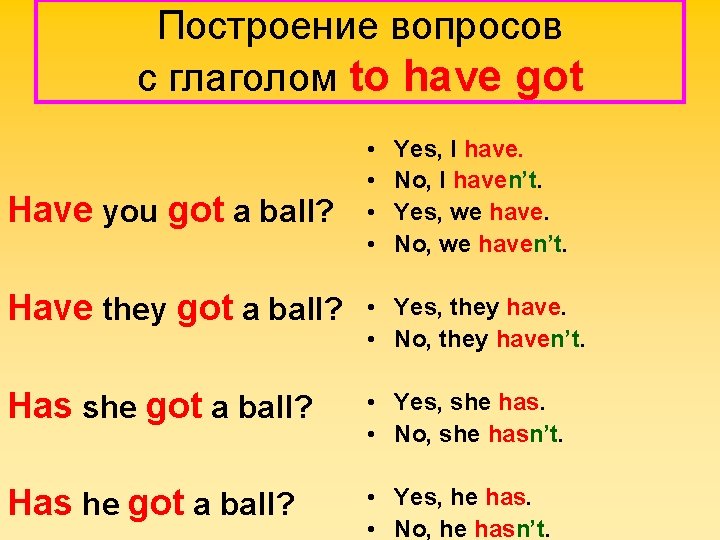 Построение вопросов с глаголом to have got Have you got a ball? • •