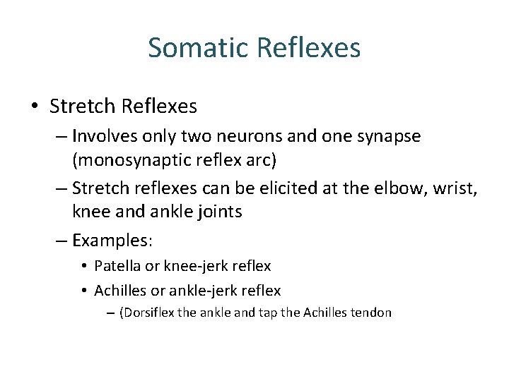 Somatic Reflexes • Stretch Reflexes – Involves only two neurons and one synapse (monosynaptic Somatic Reflexes • Stretch Reflexes – Involves only two neurons and one synapse (monosynaptic