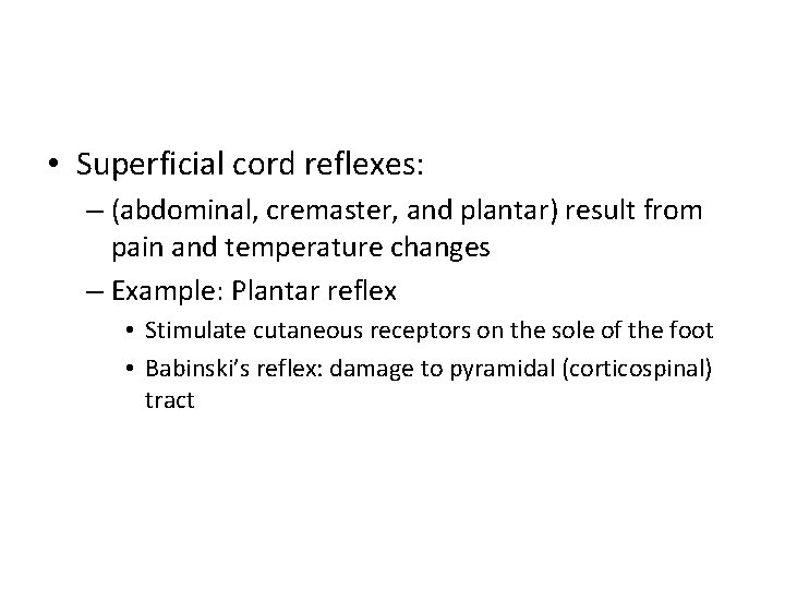 • Superficial cord reflexes: – (abdominal, cremaster, and plantar) result from pain and • Superficial cord reflexes: – (abdominal, cremaster, and plantar) result from pain and