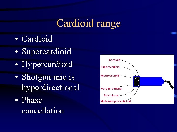 Cardioid range • • Cardioid Supercardioid Hypercardioid Shotgun mic is hyperdirectional • Phase cancellation