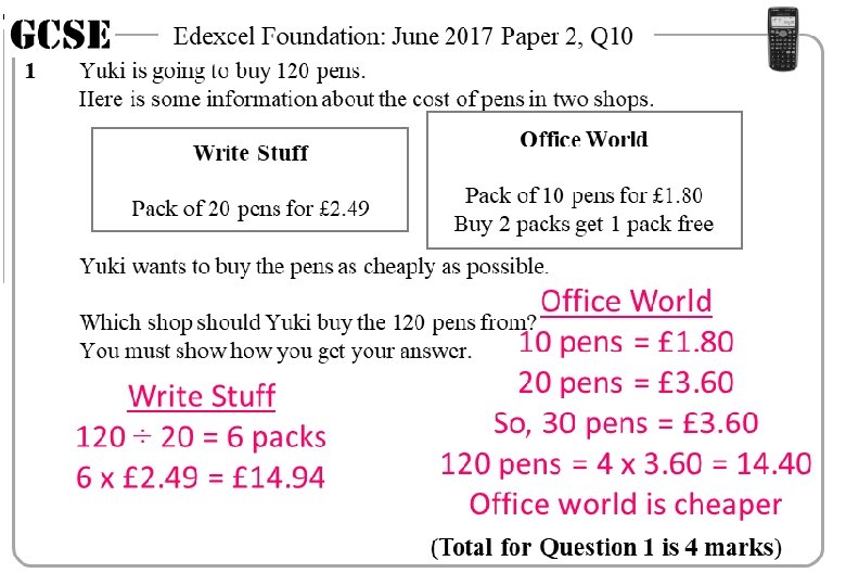 GCSE 1 Edexcel Foundation: June 2017 Paper 2, Q 10 Yuki is going to