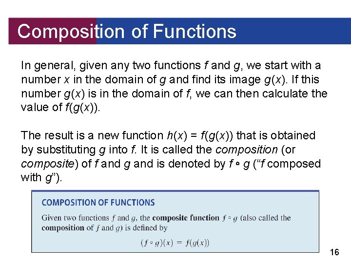 Composition of Functions In general, given any two functions f and g, we start