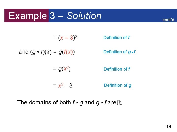 Example 3 – Solution = (x – 3)2 and (g f )(x) = g