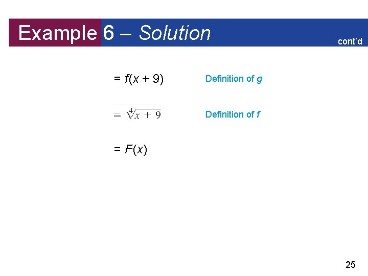 Example 6 – Solution = f (x + 9) cont’d Definition of g Definition
