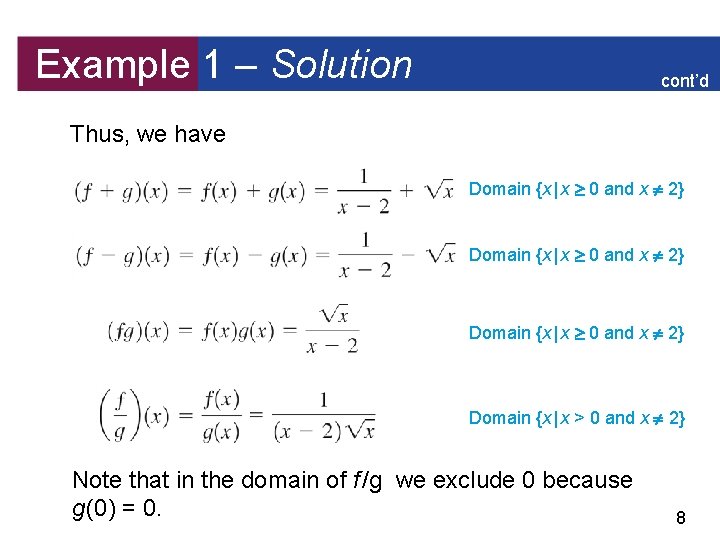 Example 1 – Solution cont’d Thus, we have Domain {x | x 0 and