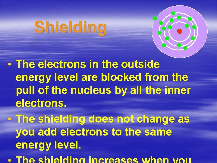 Shielding • The electrons in the outside energy level are blocked from the pull