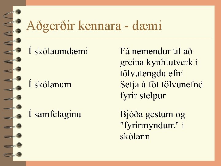 Aðgerðir kennara - dæmi 