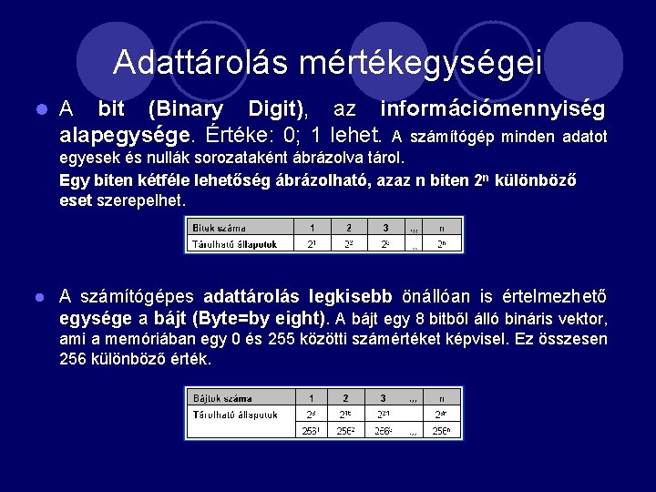 Adattárolás mértékegységei l A bit (Binary Digit), az információmennyiség alapegysége. Értéke: 0; 1 lehet.