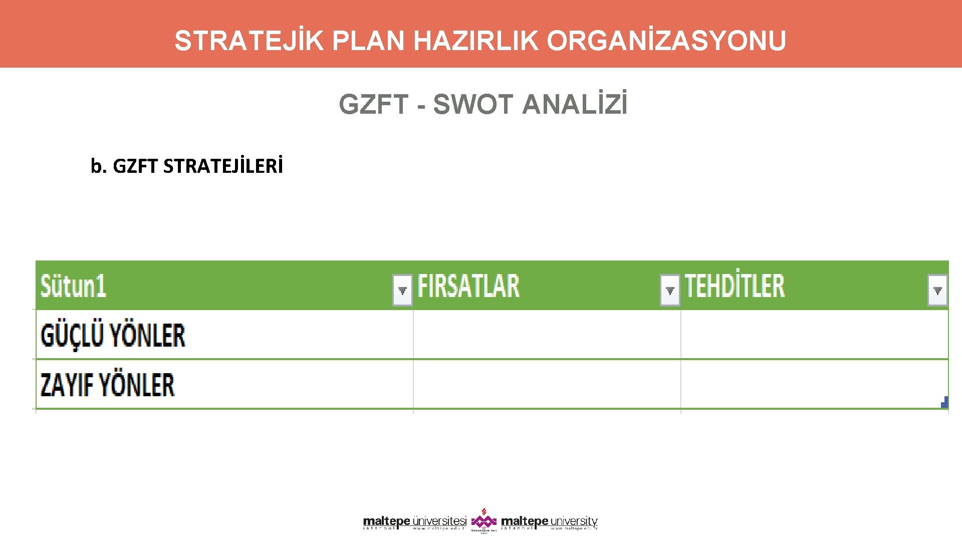 STRATEJİK PLAN HAZIRLIK ORGANİZASYONU GZFT - SWOT ANALİZİ b. GZFT STRATEJİLERİ 19 