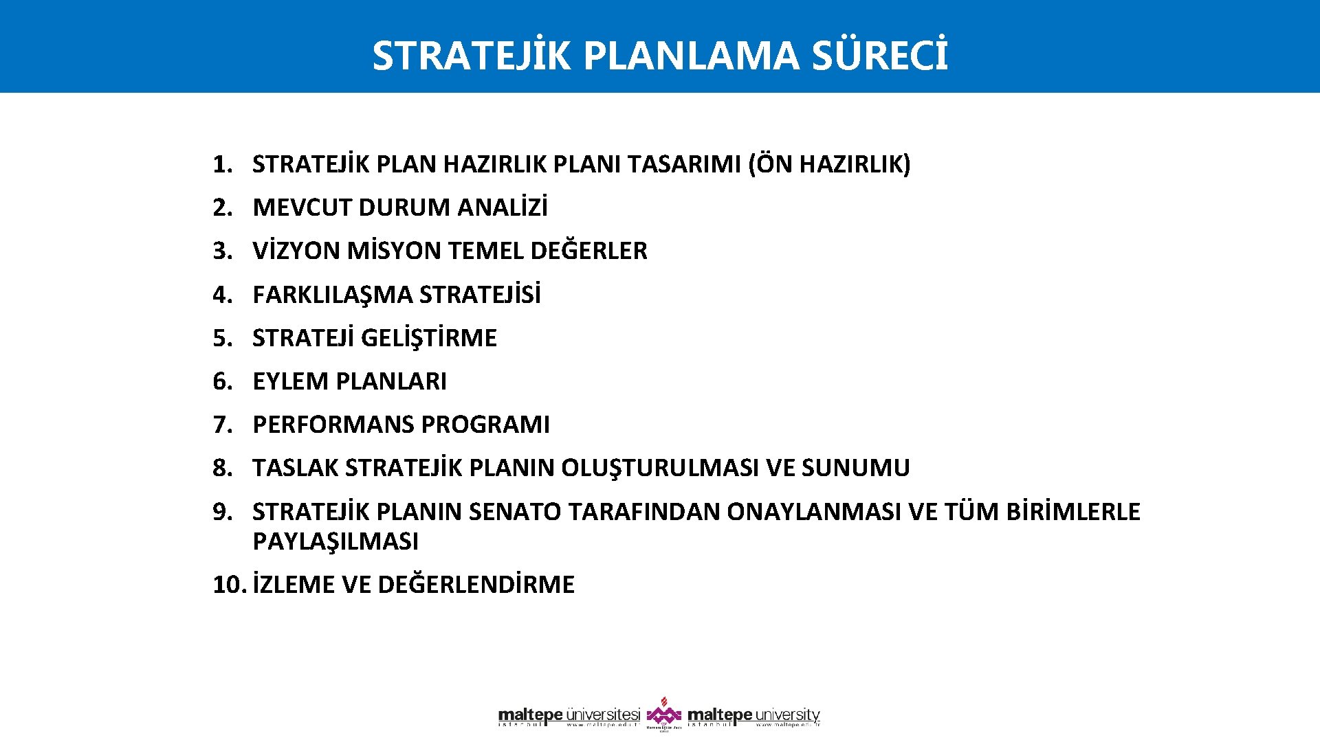 STRATEJİK PLANLAMA SÜRECİ 1. STRATEJİK PLAN HAZIRLIK PLANI TASARIMI (ÖN HAZIRLIK) 2. MEVCUT DURUM