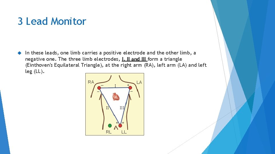 3 Lead Monitor In these leads, one limb carries a positive electrode and the