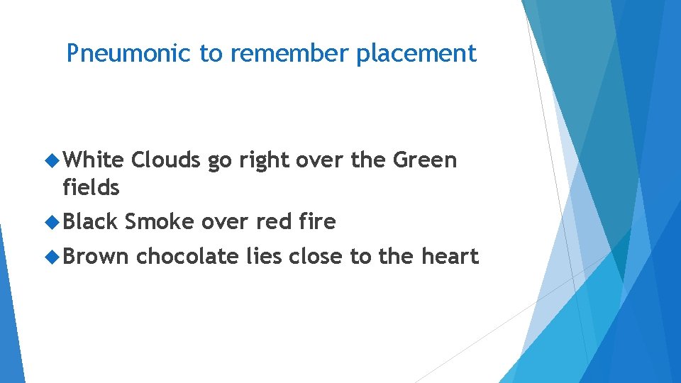 Pneumonic to remember placement White Clouds go right over the Green fields Black Smoke