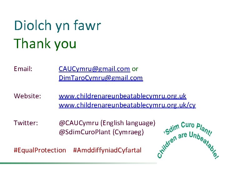 Diolch yn fawr Thank you Email: CAUCymru@gmail. com or Dim. Taro. Cymru@gmail. com Website: