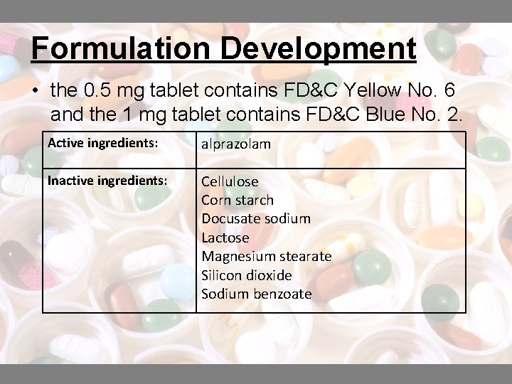 Formulation Development • the 0. 5 mg tablet contains FD&C Yellow No. 6 and