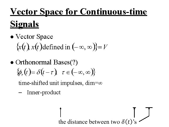 Vector Space for Continuous-time Signals l Vector Space l Orthonormal Bases(? ) time-shifted unit