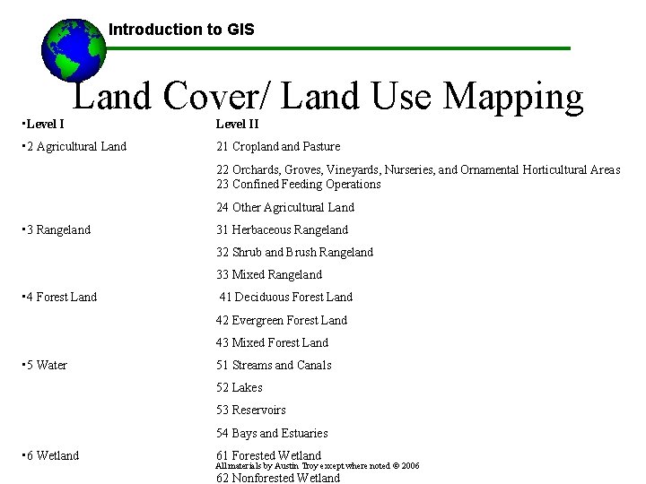 Introduction to GIS • Level I Land Cover/ Land Use Mapping • 2 Agricultural