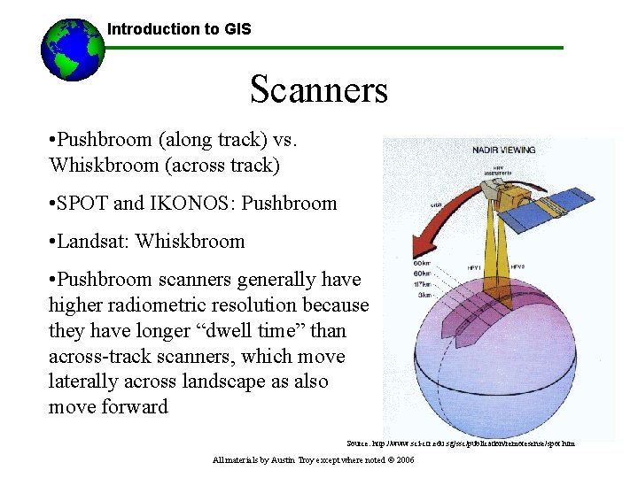 Introduction to GIS Scanners • Pushbroom (along track) vs. Whiskbroom (across track) • SPOT