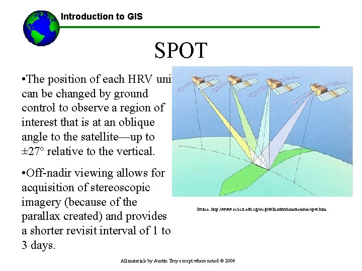 Introduction to GIS SPOT • The position of each HRV unit can be changed