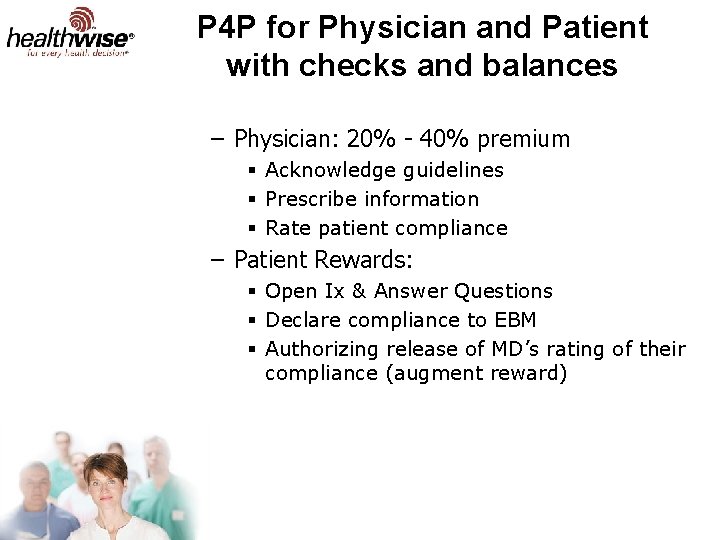 P 4 P for Physician and Patient with checks and balances – Physician: 20%