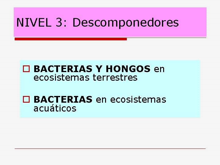 NIVEL 3: Descomponedores o BACTERIAS Y HONGOS en ecosistemas terrestres o BACTERIAS en ecosistemas