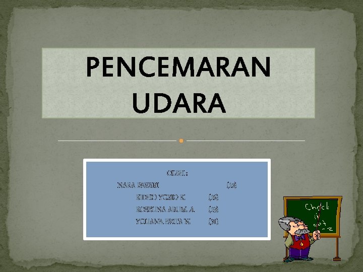 PENCEMARAN UDARA OLEH : NARA ISWARI RIDHO YURIO K. ROSELINA ARUM. A YULIANA EVITA