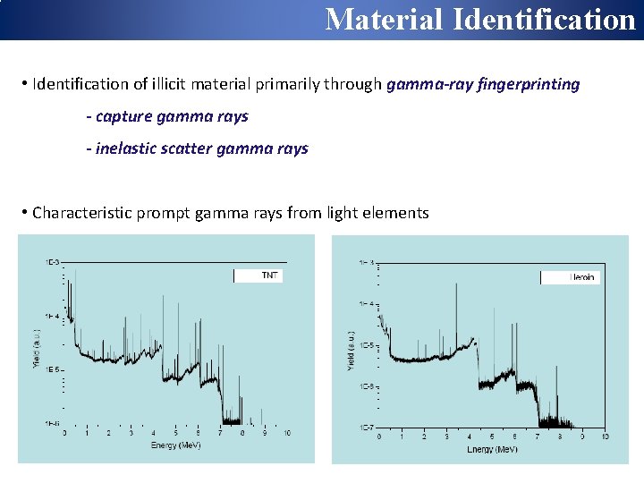 Material Identification • Identification of illicit material primarily through gamma-ray fingerprinting - capture gamma
