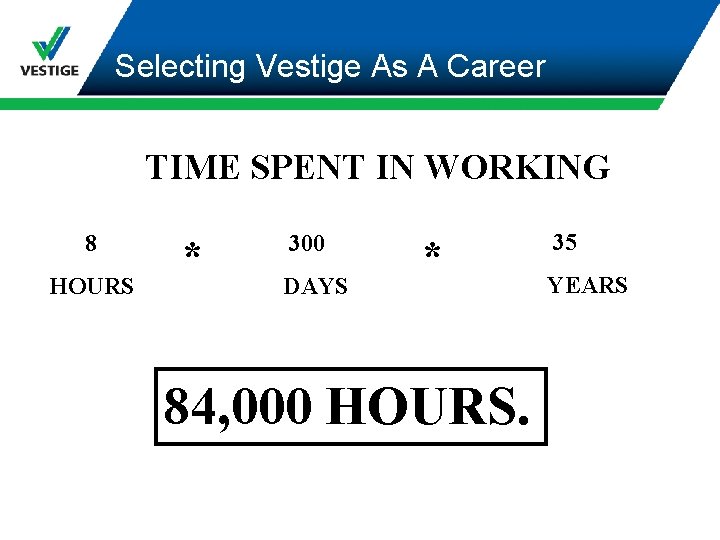 Selecting Vestige As A Career TIME SPENT IN WORKING 8 HOURS * 300 DAYS