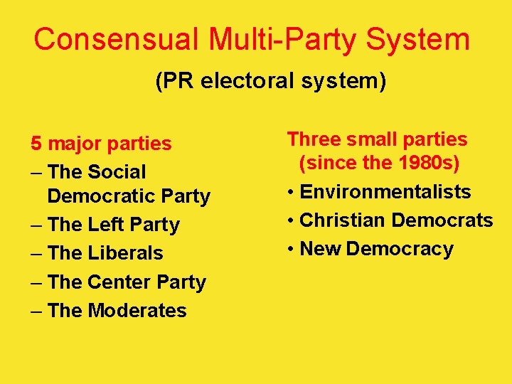 Consensual Multi-Party System (PR electoral system) 5 major parties – The Social Democratic Party