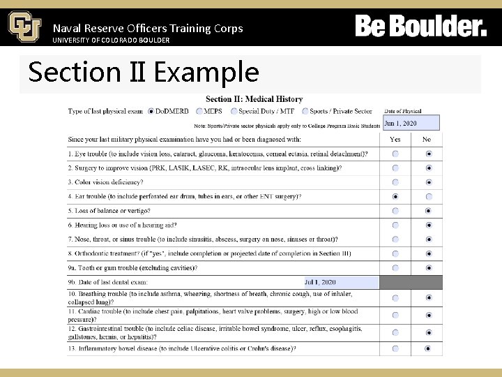 Naval Reserve Officers Training Corps UNIVERSITY OF COLORADO BOULDER Section II Example 