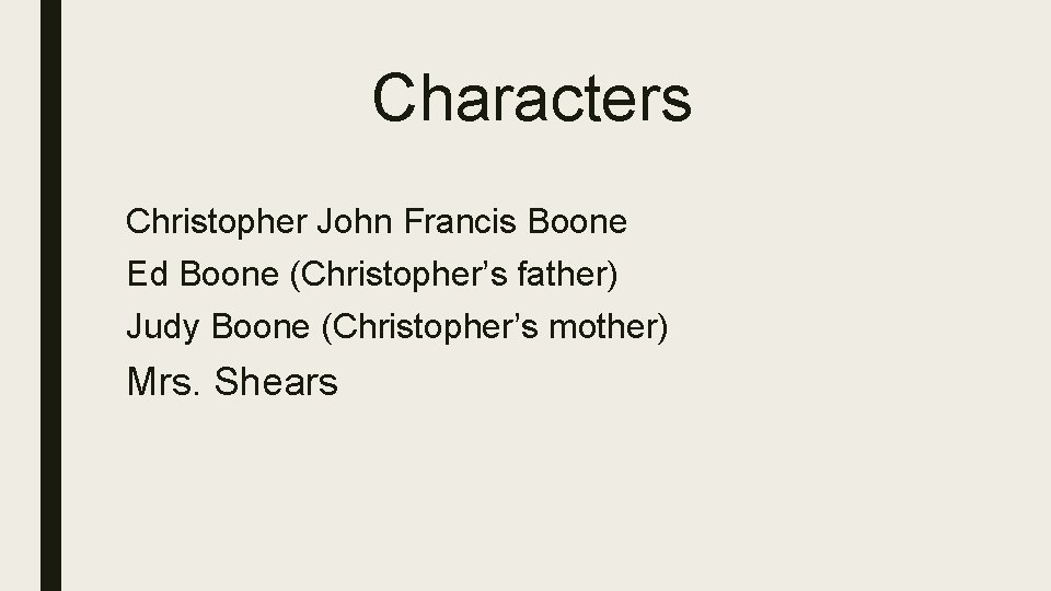 Characters Christopher John Francis Boone Ed Boone (Christopher’s father) Judy Boone (Christopher’s mother) Mrs.