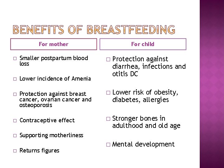 For mother � Smaller postpartum blood loss � Lower incidence of Amenia � For