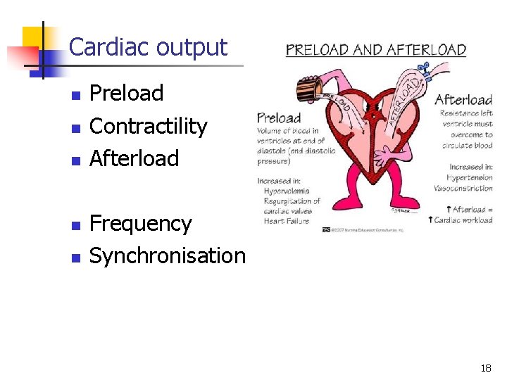 Cardiac output n n n Preload Contractility Afterload Frequency Synchronisation 18 
