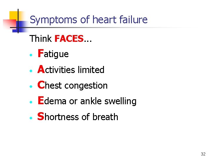Symptoms of heart failure Think FACES. . . • • • Fatigue Activities limited