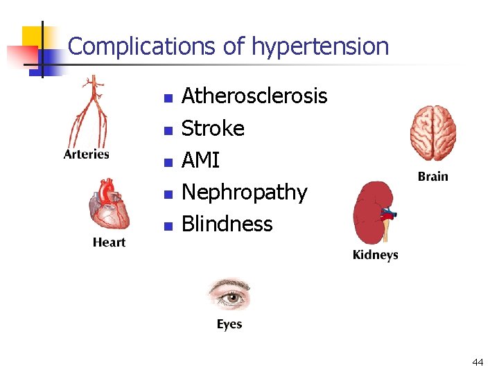 Complications of hypertension n n Atherosclerosis Stroke AMI Nephropathy Blindness 44 