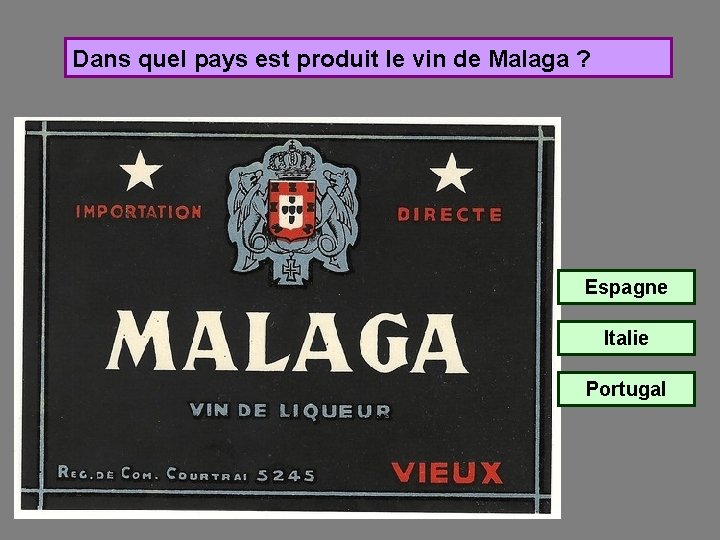 Dans quel pays est produit le vin de Malaga ? Espagne Italie Portugal 