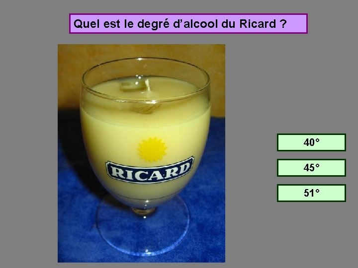 Quel est le degré d’alcool du Ricard ? 40° 45° 51° 