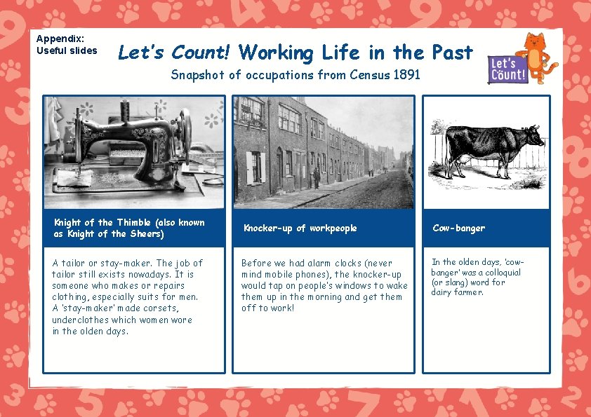 Appendix: Useful slides Let’s Count! Working Life in the Past Snapshot of occupations from